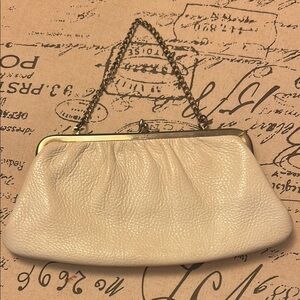 Vintage Clutch White Vanilla Colored Leather Purse with Chain Evening Bag 1950s